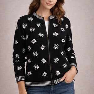 Talbots Black Zip Front Floral Knit Jacket Cardigan Size M